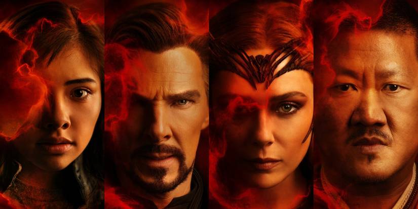 A split image depicts Doctor Strange In The Multiverse Of Madness characters America Chavez, Steven Strange, Wanda Maximoff, and Wong