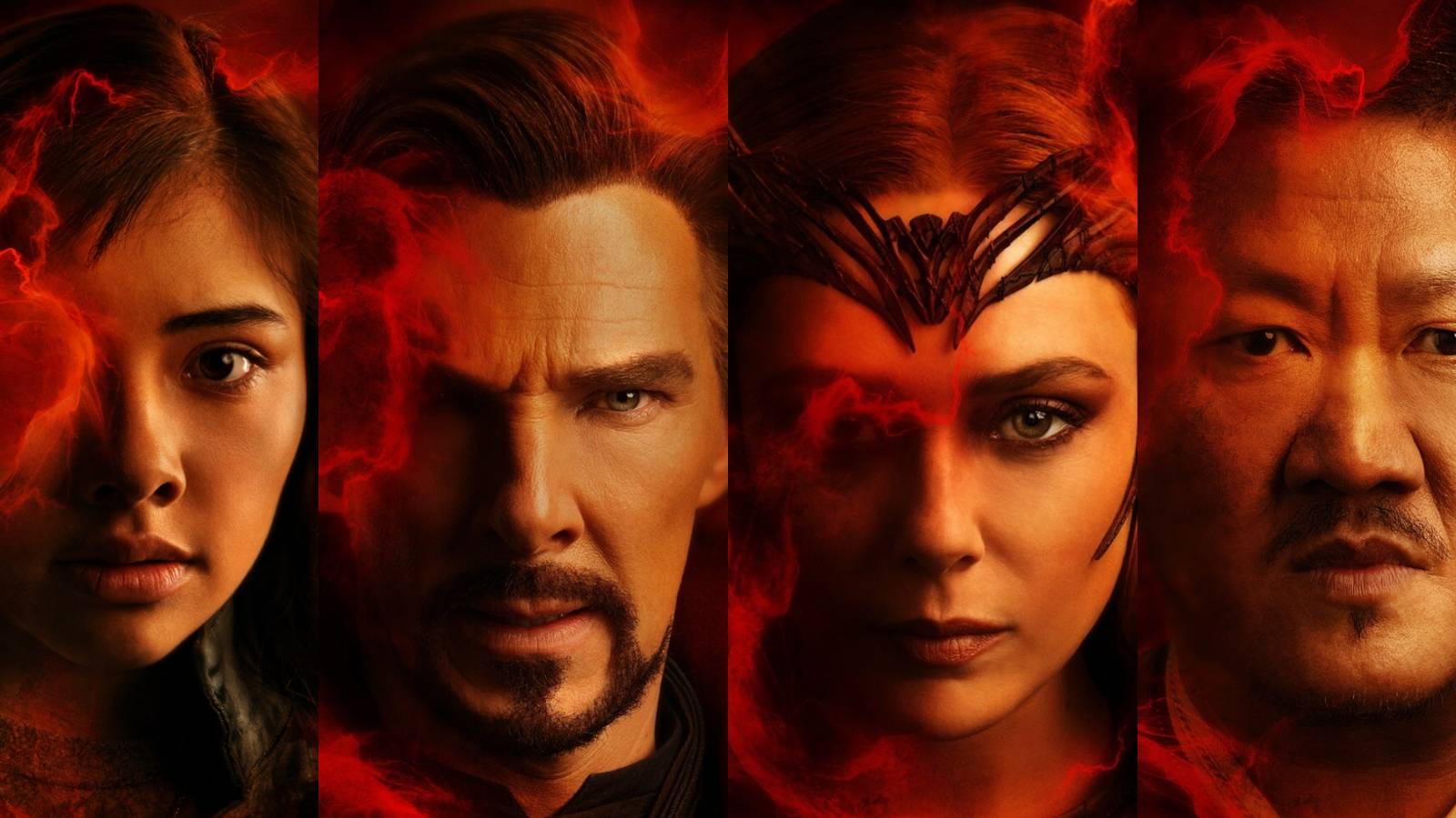 A split image depicts Doctor Strange In The Multiverse Of Madness characters America Chavez, Steven Strange, Wanda Maximoff, and Wong
