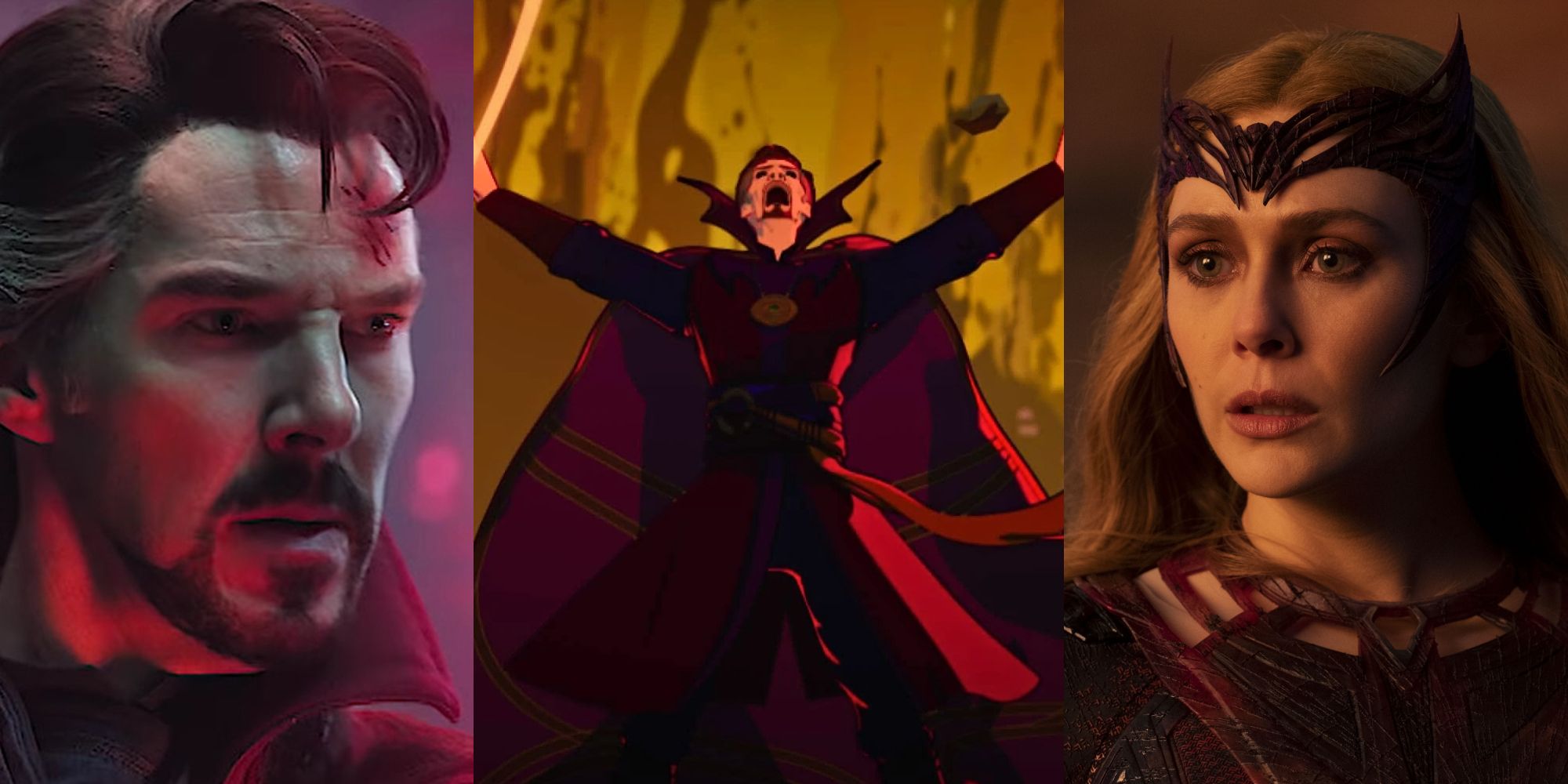 Doctor Strange using Darkhold magic in MOM; Strange attaining ultimate power in What If...?; Wanda in her Scarlet Witch outfit from MOM