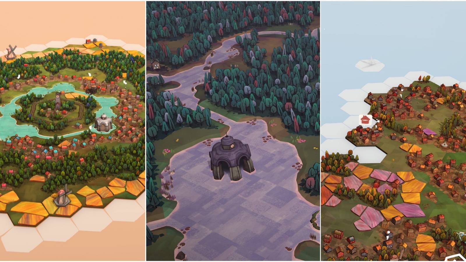 Dorfromantik - Three joined screenshots