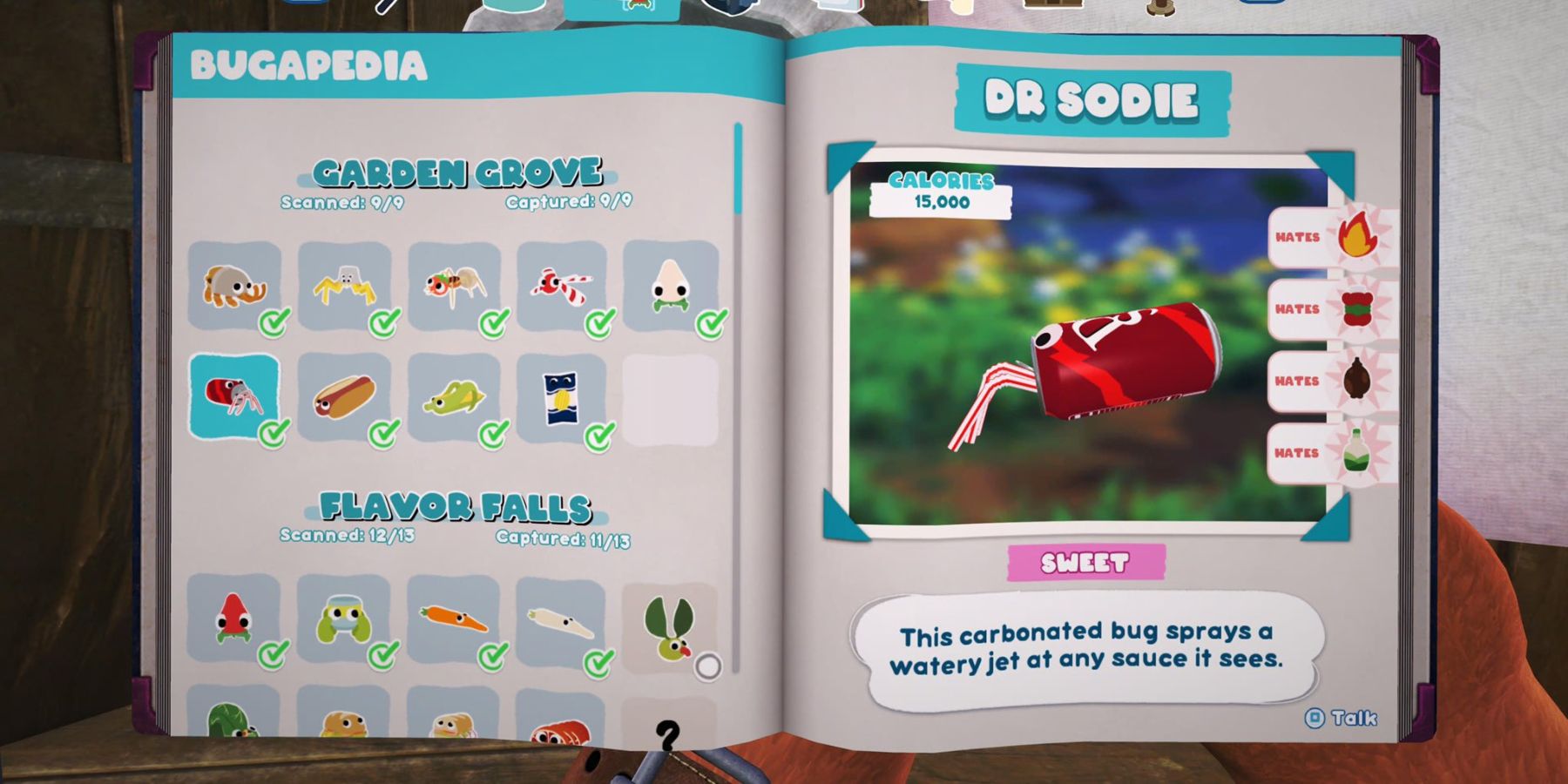 a notebok with a list of bugsnax on the left page and a soda can that's also a hermit crab with straws for legs on the right page 