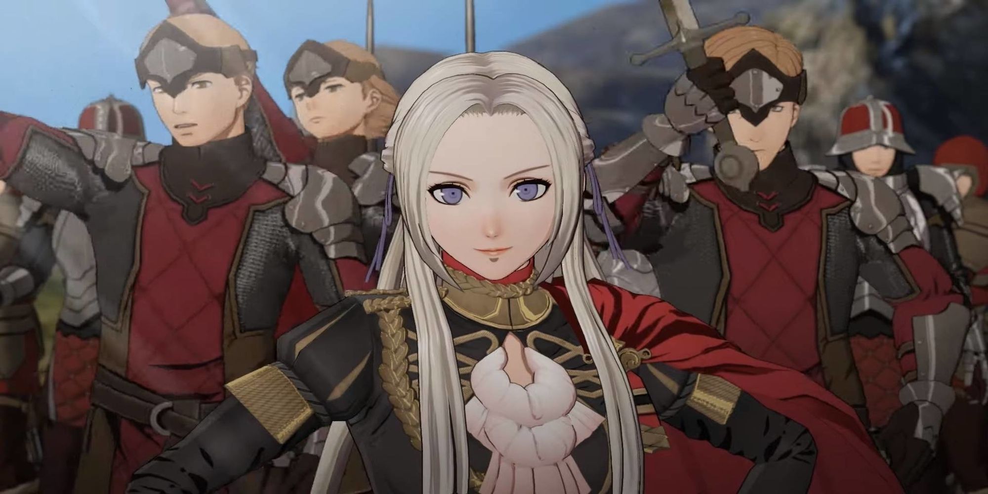 Image depicting Edelgard with soldiers behind her in Fire Emblem: Three Houses