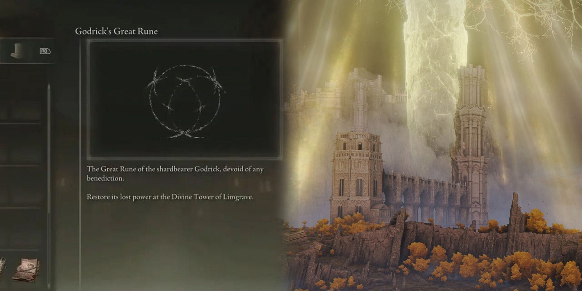 Elden Ring - Godrick's Great Rune Item Description Side by Side With Divine Tower Screenshot