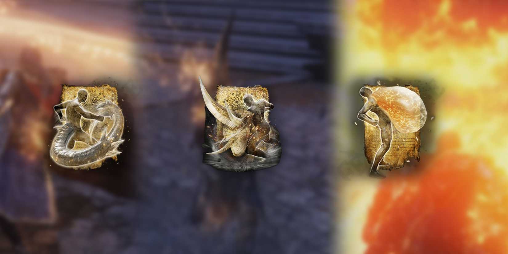 Elden Ring - PNG Of All Three Aspect Of The Crucible Incantations Overlaid On Spliced Image Of All Three Being Used