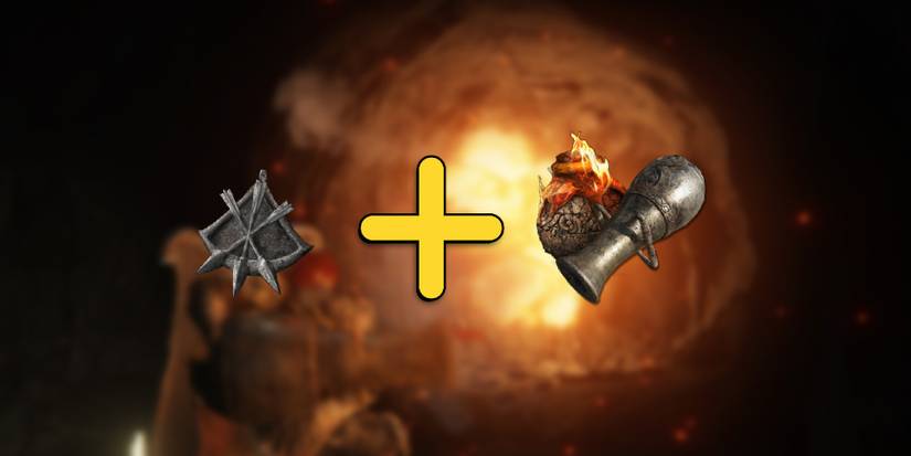 Elden Ring - PNG Of Arrows Sting Talisman, Jarcannon, and Throwing Pots Overlaid On Image Of Player Firing Jarcannon