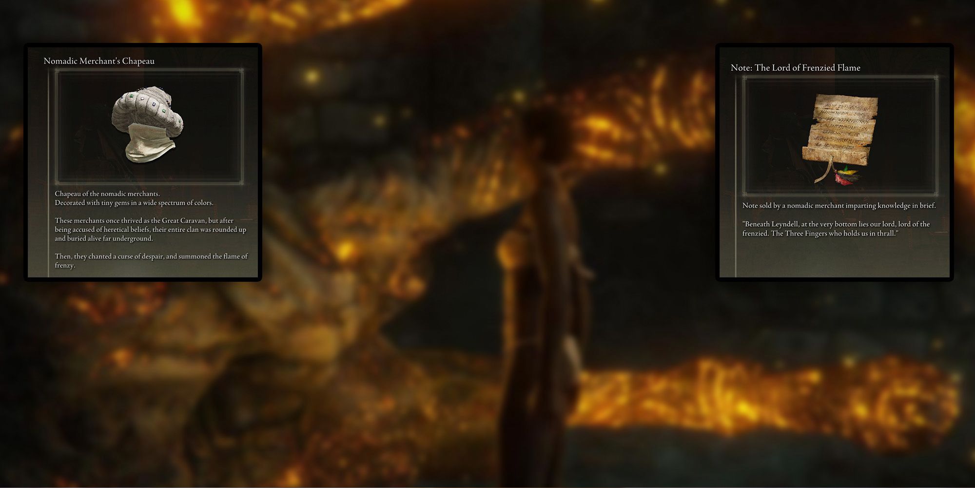 Elden Ring - PNG Of Both Merchat Armor Item Description And Frenzy Flame Note Overlaid On Image Of Player Interacting With Three Fingers
