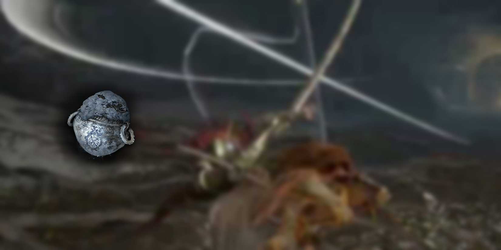 Elden Ring - PNG Of Freezing Pot Consumable Overlaid On Blurred Image Of Melania Using Her Waterfowl Dance