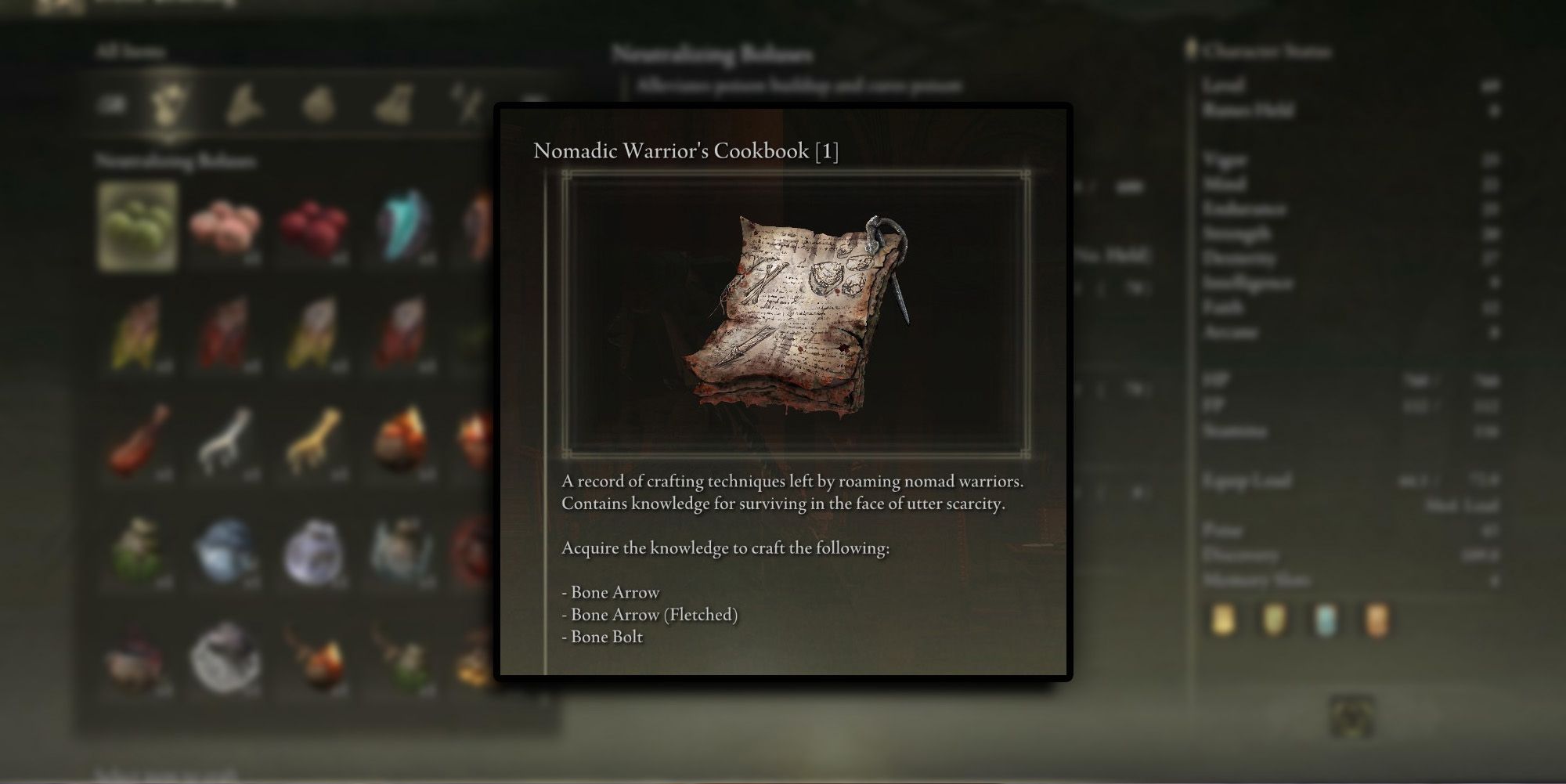 Elden Ring - PNG Of Nomadic Warrior Cookbook Description On Image Of Crafting Menu