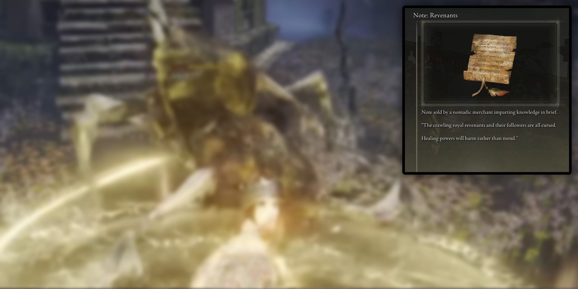 Elden Ring - PNG Of Revenant Note Overlaid On Image Of Player Using Heal Against Revenant