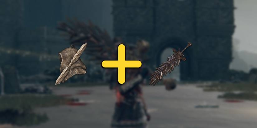 Elden Ring - PNG Of The Grafted Greatsword And The Twinblade Talisman Overlaid On Image Of Character Holding Grafted Greatsword