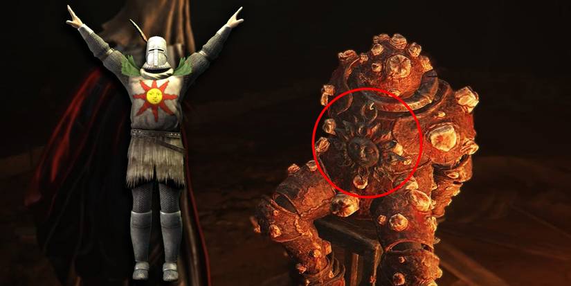 Elden Ring - PNG of Solaire Overlaid On Image of Dung Eater In Chair With Sun Medallion Around Neck