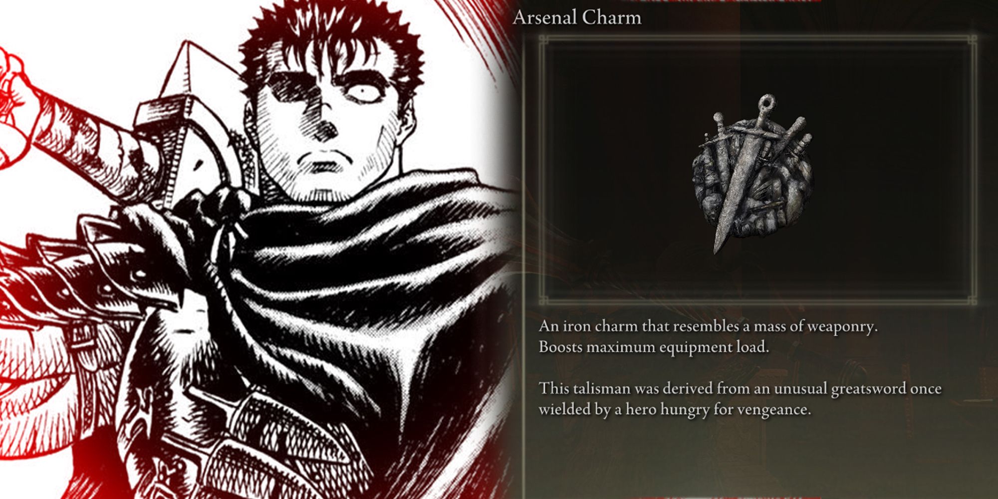 Elden Ring - Side By Side Comparison Of Guts Staring Ahead With A Lust For Vengeance And Arsenal Charm In-Game
