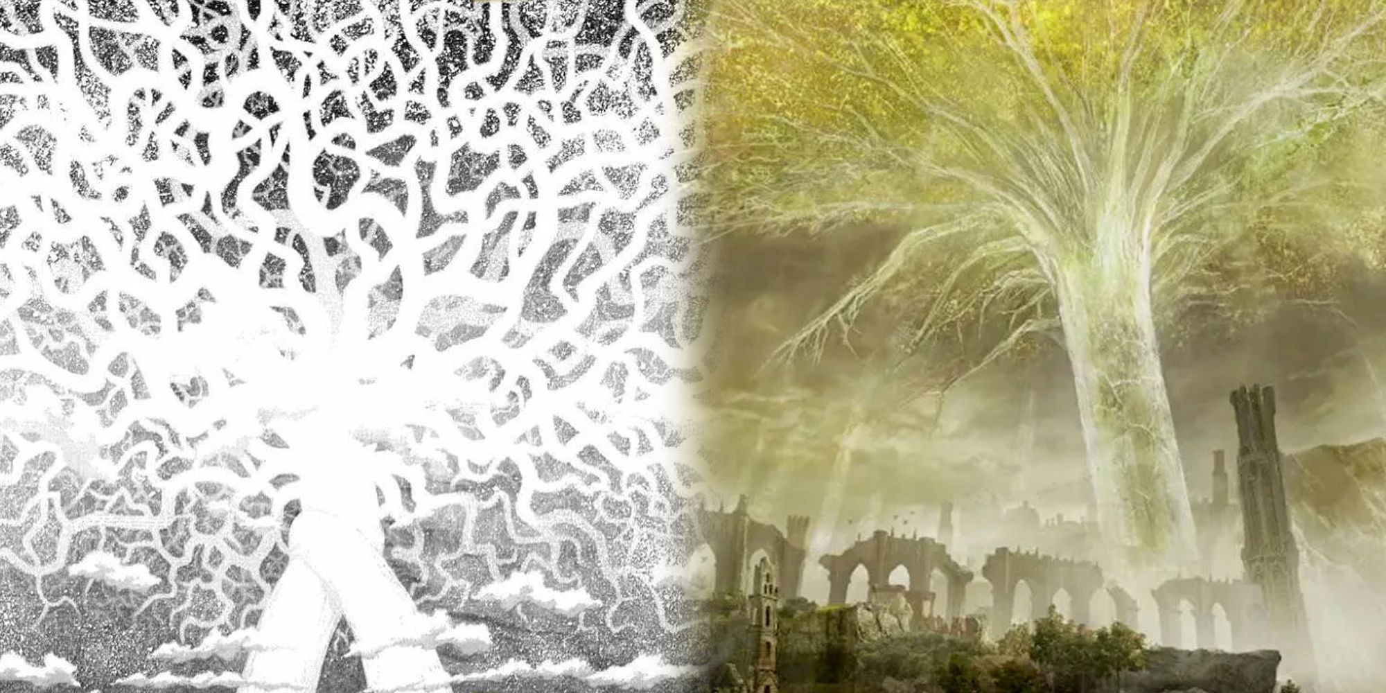 Elden Ring - Side By Side Comparison Of Spirit Spiral Tree In Berserk and Erdtree In Elden Ring