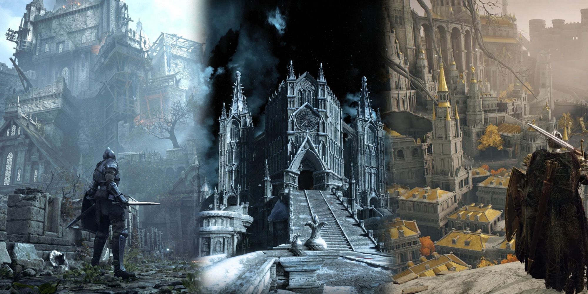 Elden Ring - Three Side By Side Images Of Bolataria, Anor Londo, and Leyndell