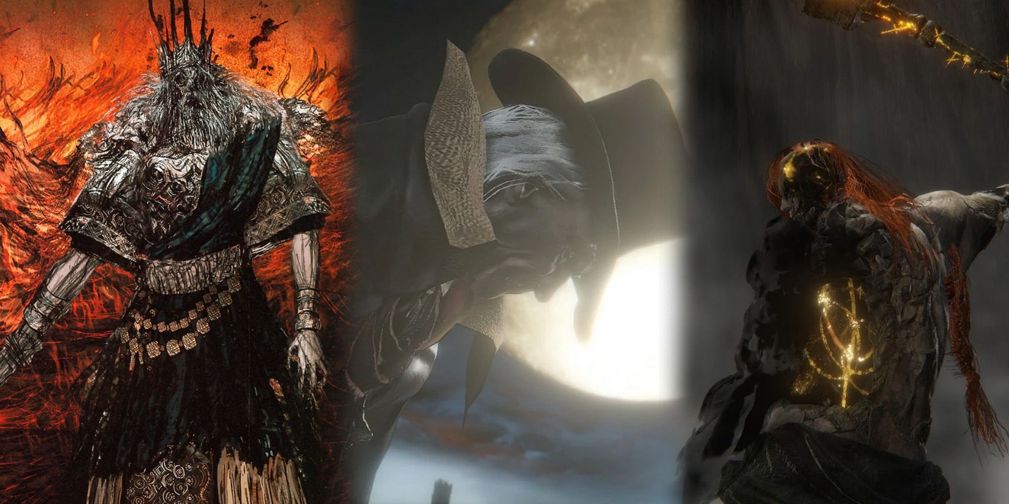 Elden Ring - Three Side By Side Images Of Gwyn In DS1, Gerhman in Bloodborne, and Radagon in Elden Ring