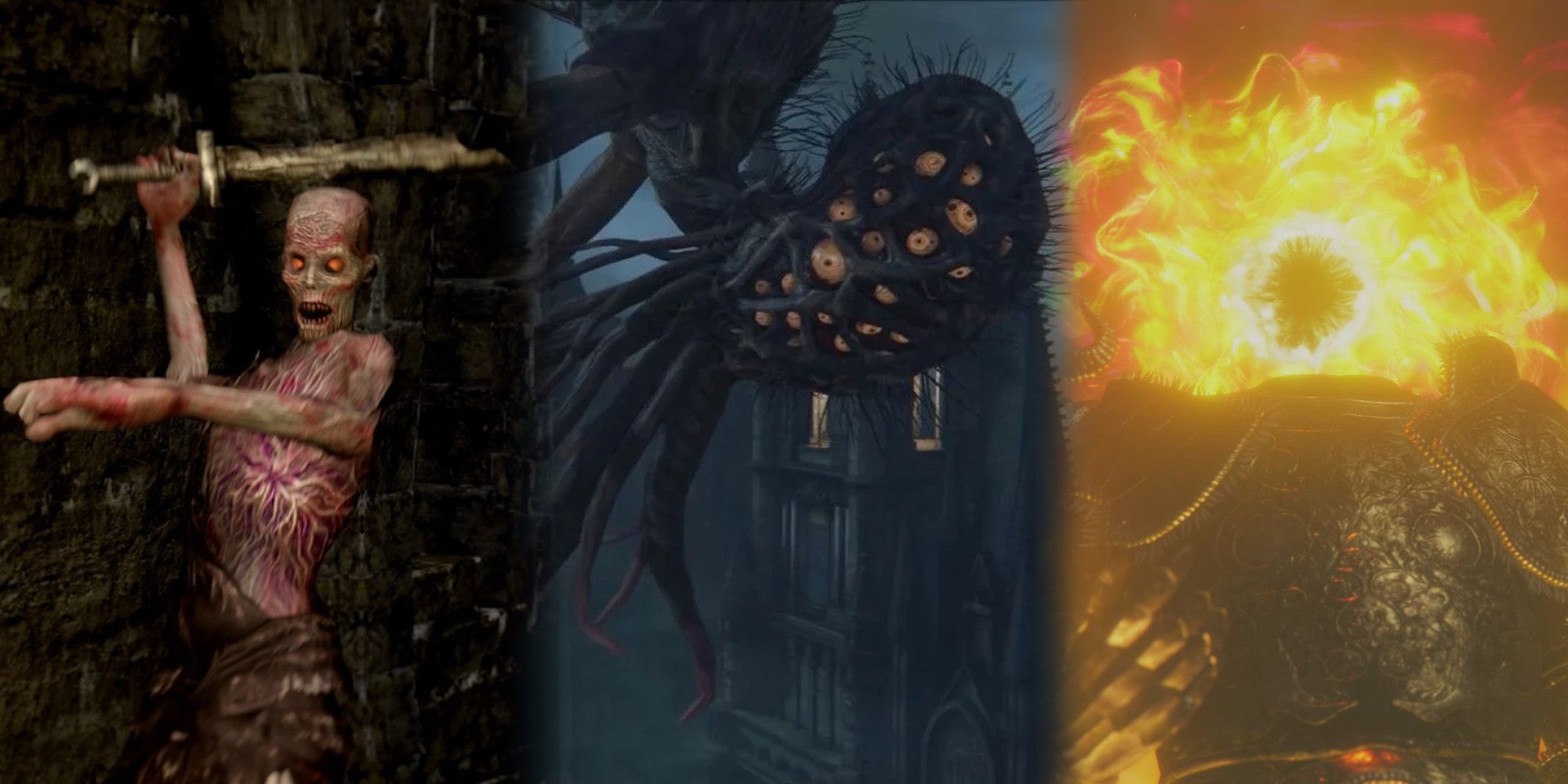 Elden Ring - Three Side By Side Images Of Hollow In DS1, Amygdala in Bloodborne, and Frenzy Flame in Elden Ring