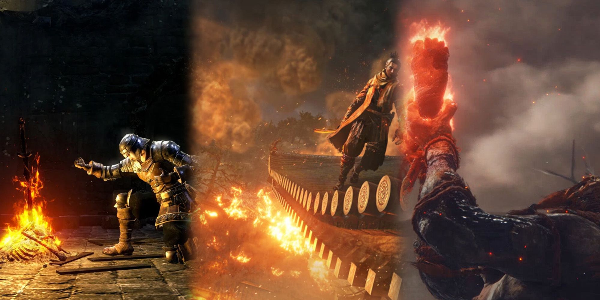Elden Ring - Three Side By Side Images Of Linking the Flame in DS1, Ashina Burning in Sekiro, Fire Giant Burning Own Leg in Elden Ring