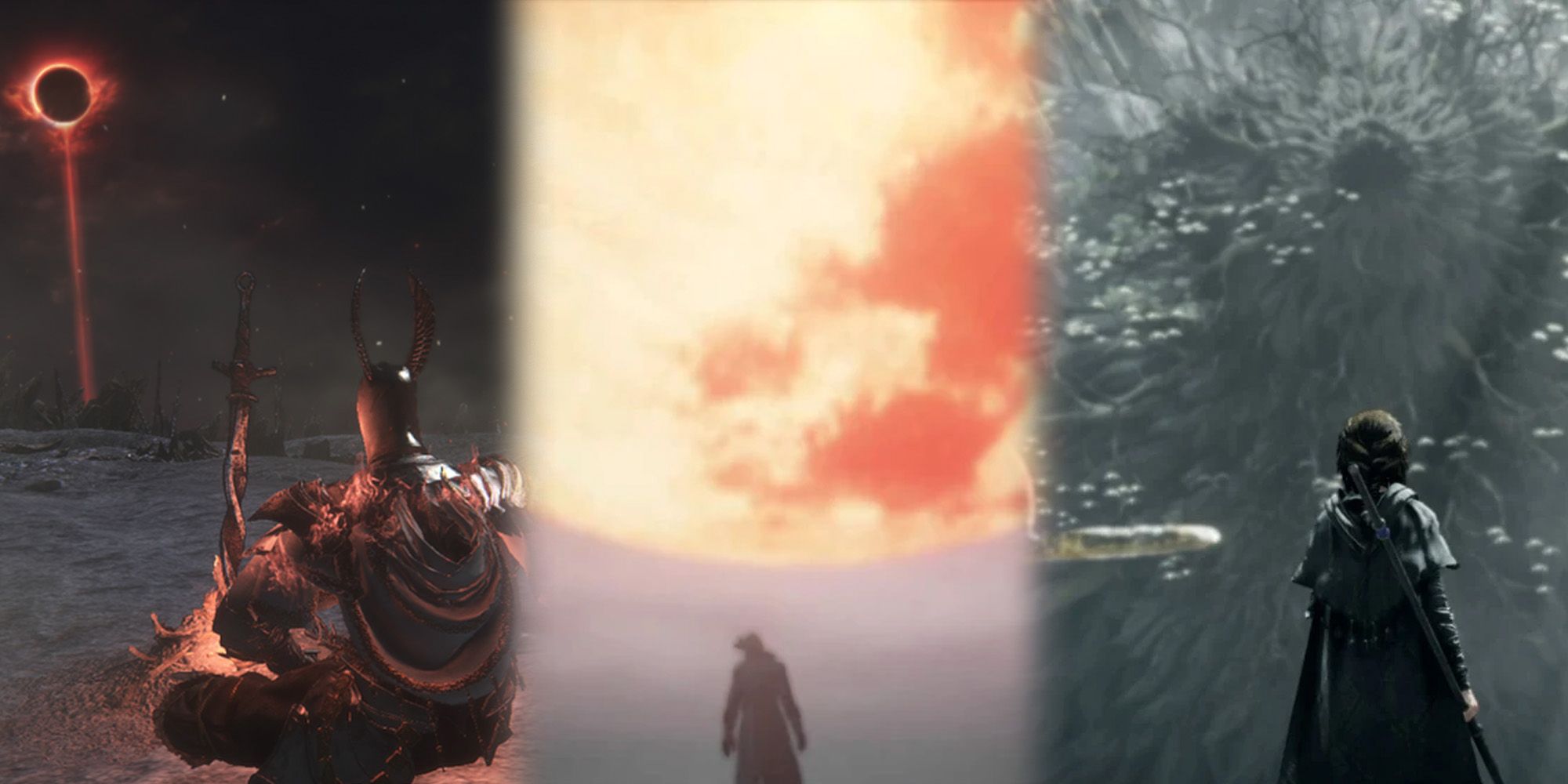 Elden Ring - Three Side By Side Images Of Linking the Flame in Ds3, Having the Moon Descend after Rhom in Bloodborne, Waking the Old One in Demons' Souls