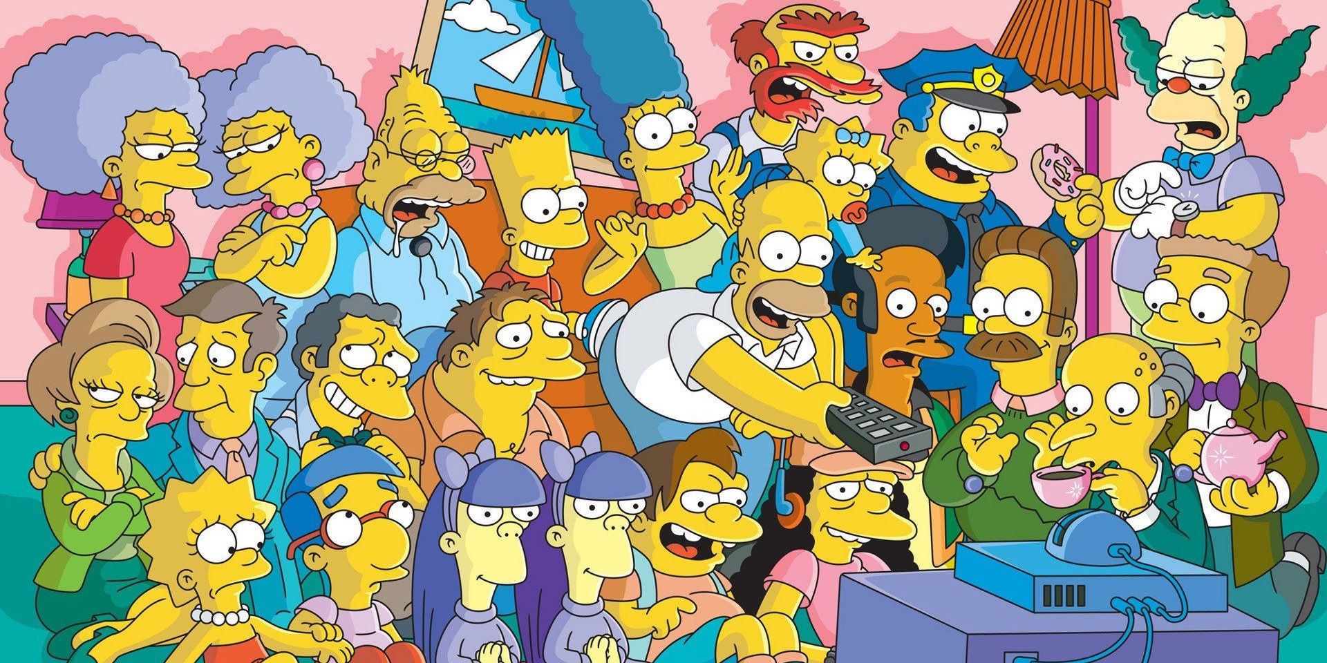 Every major Simpsons character crowded around a TV
