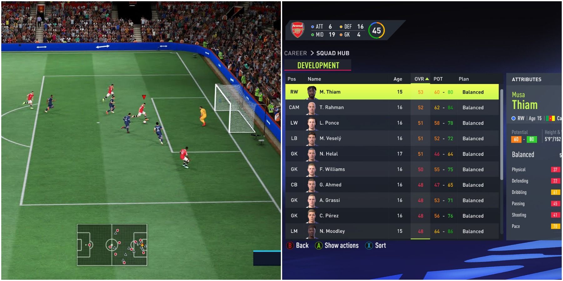 (Left) FIFA 22 gameplay (Right) Youth team