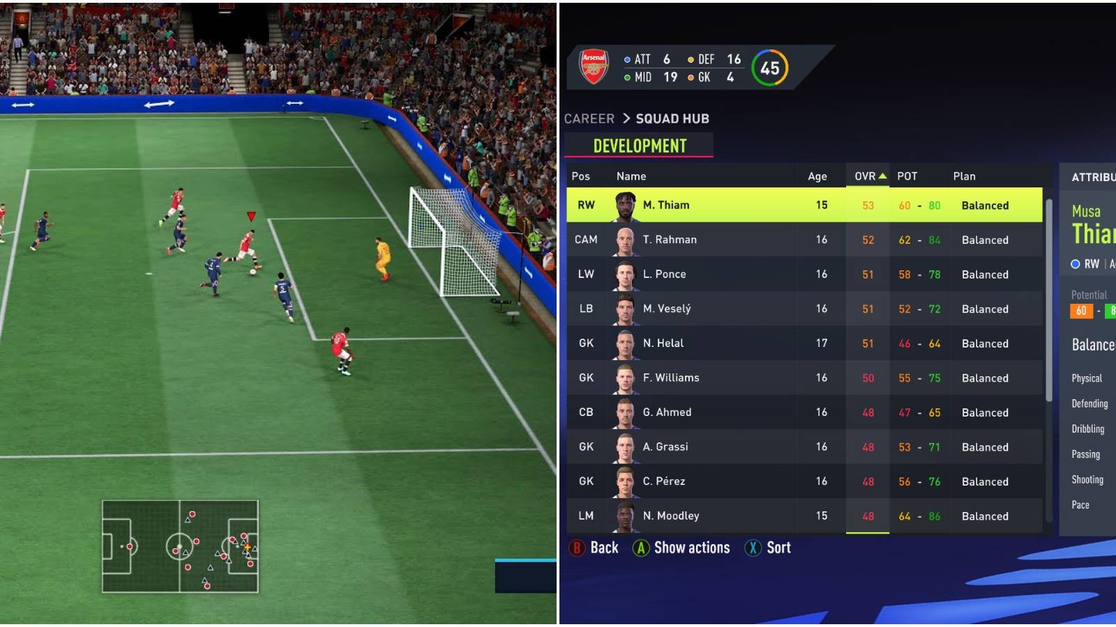 (Left) FIFA 22 gameplay (Right) Youth team