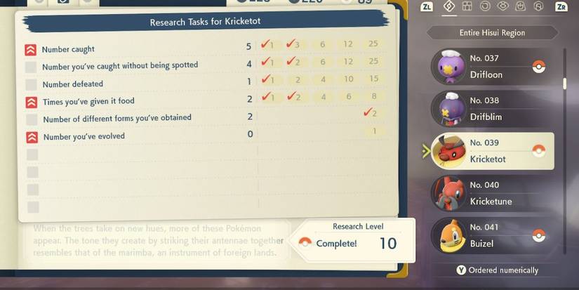 pokemon legends arceus kricketot research tasks