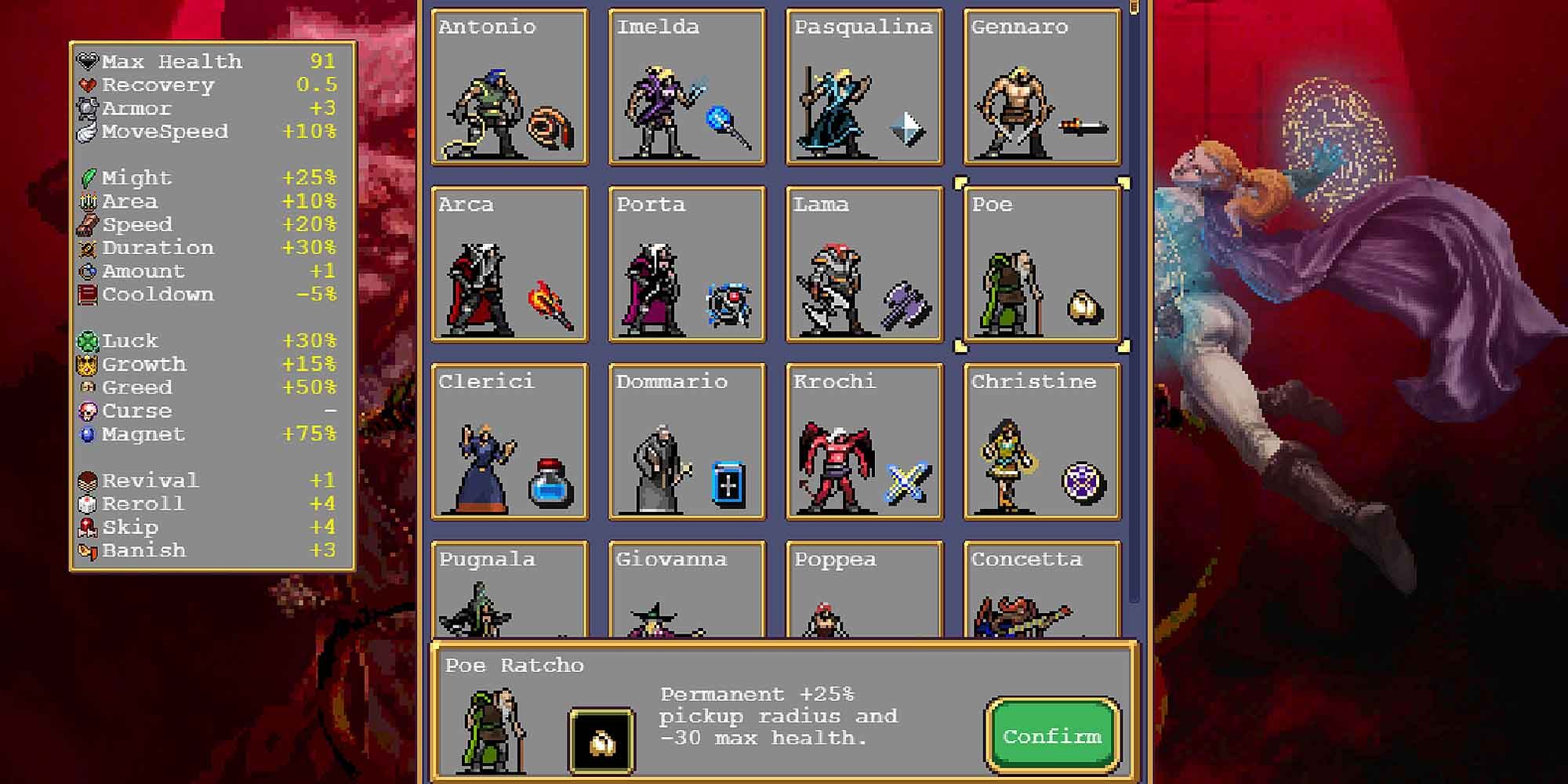 The character selection screen in Vampire Survivors