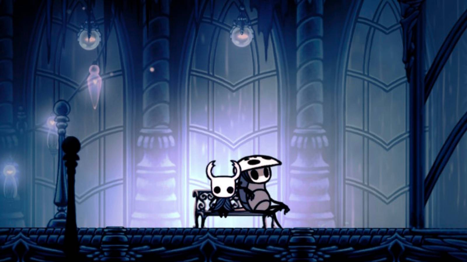 Hollow Knight the Knight and Quirrell sitting on the first bench in the City of Tears