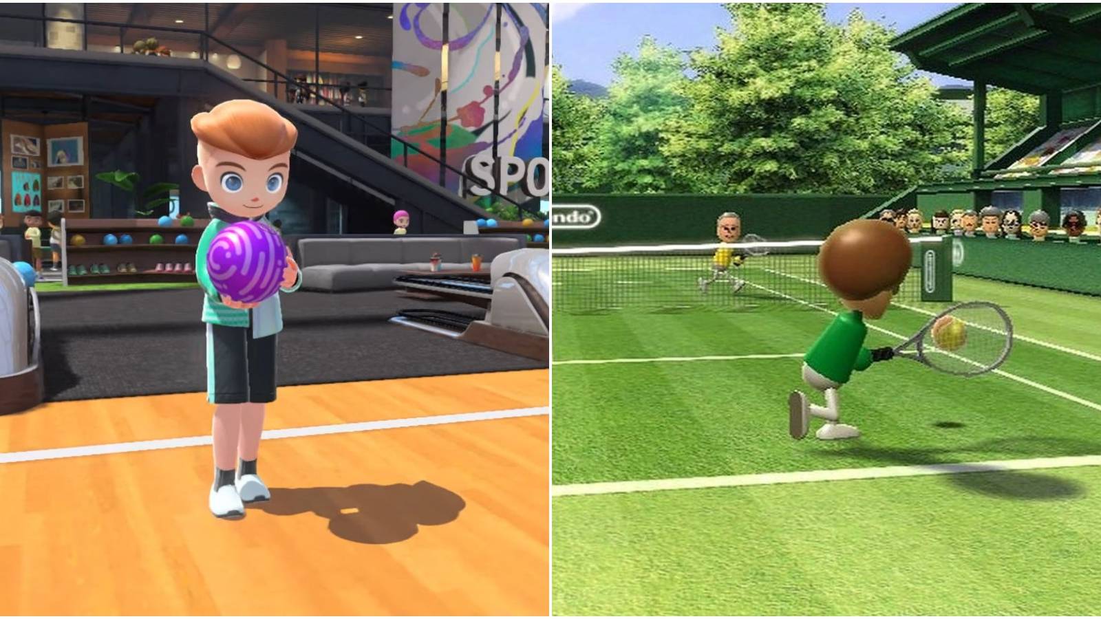 Nintendo Switch Sports bowling (left); Wii Sports tennis (right)