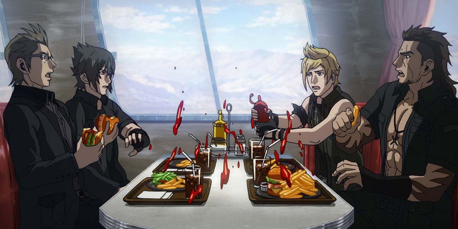 Final-Fantasy 15 Brotherhood: Prompto, Noctis, Ignis & Gladiolus at a diner