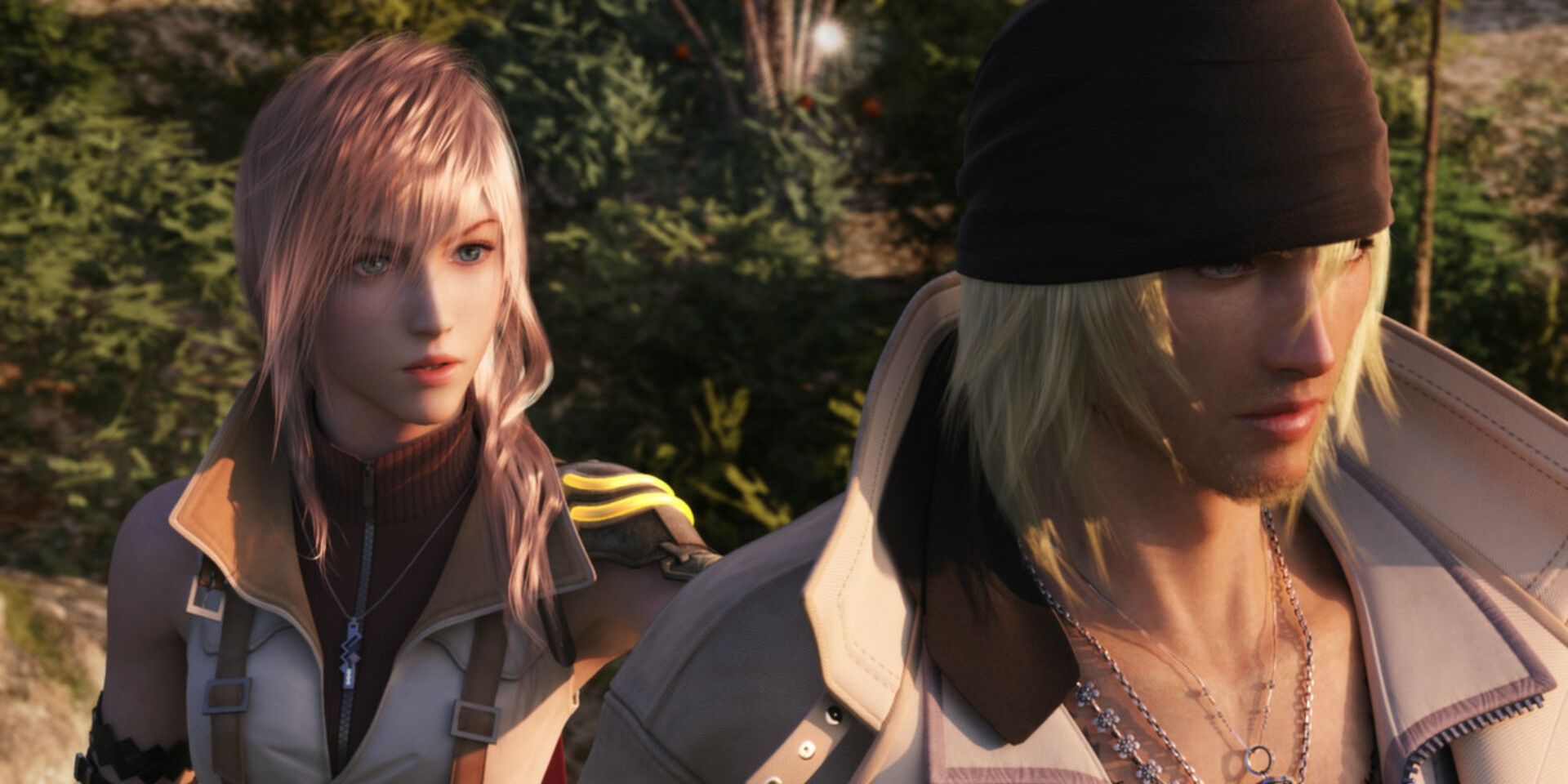 Final Fantasy 13's Lightning Farron and Snow Villiers near a forest on Gran Pulse
