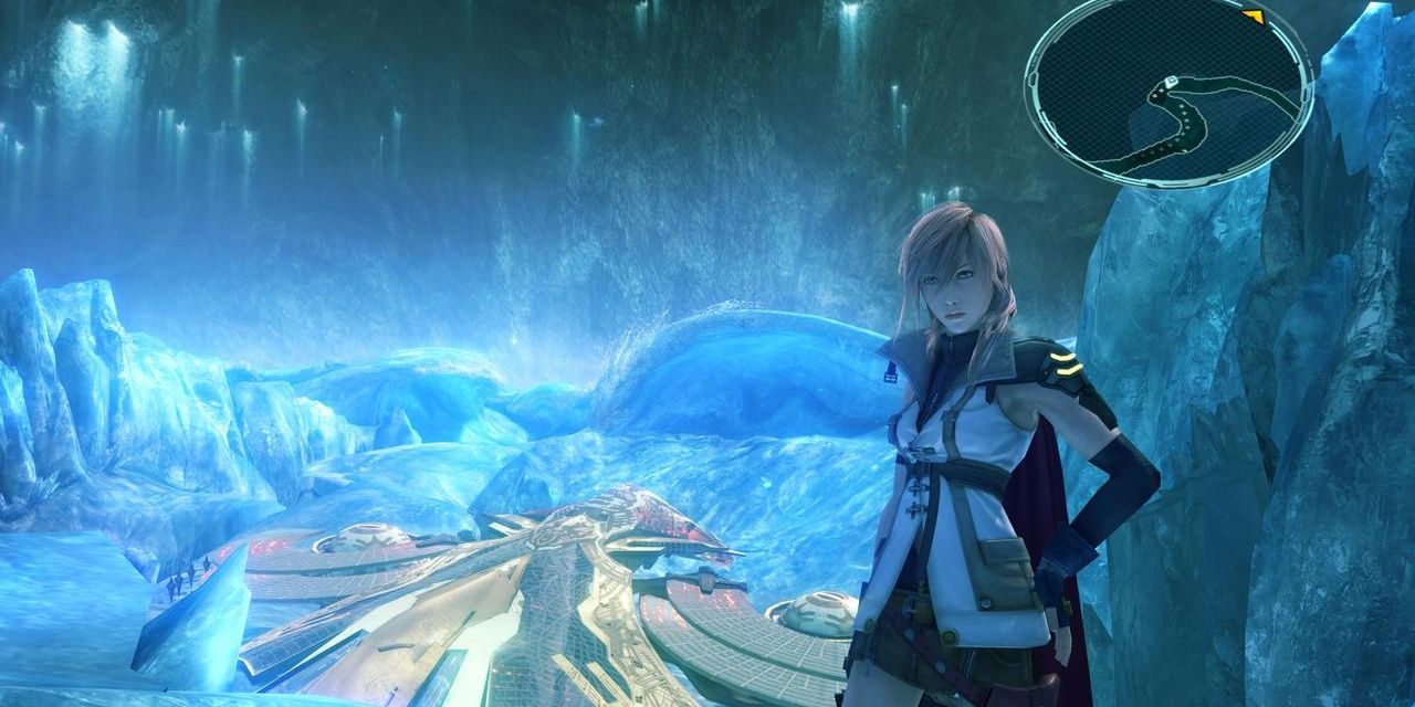 Final Fantasy 13: Lightning in Lake Bresha, a crystal-blue game corridor behind her