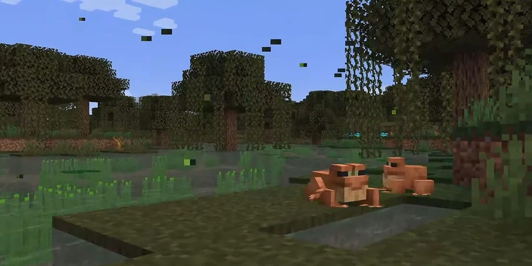 A Minecraft Wild Update swamp with two frogs and several fireflies