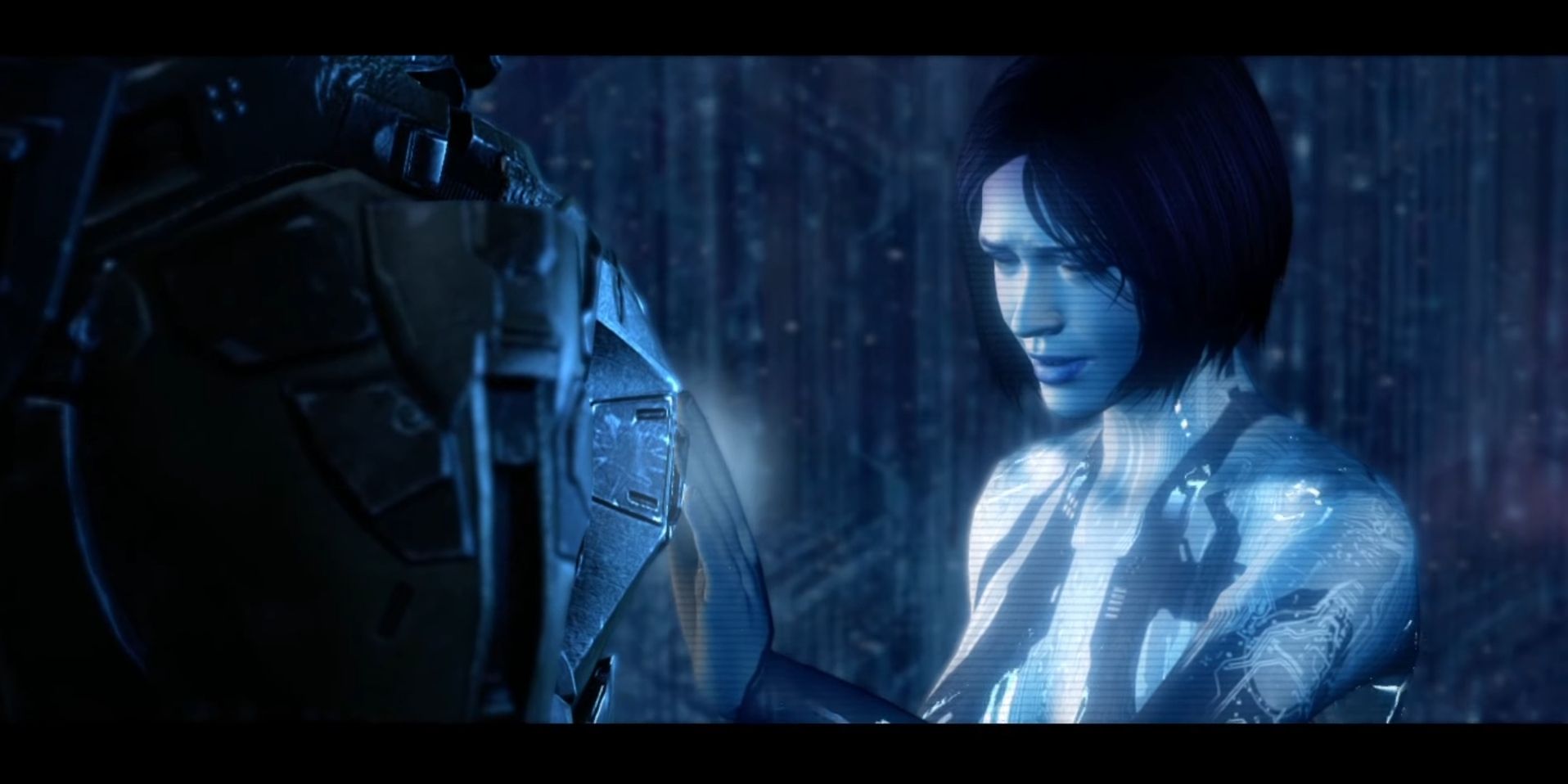 Cortana (right) touching the armored chest of Master Chief (left). Image credit: Trio of Triumph YouTube