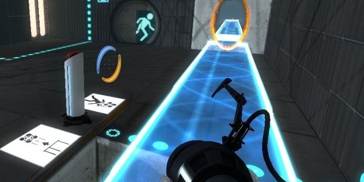First-person perspective of Chell, holding a Portal Gun, on a light bridge extending into a portal. To the left, a button panel and a metal doorway. Image credit: eurogamer.net 