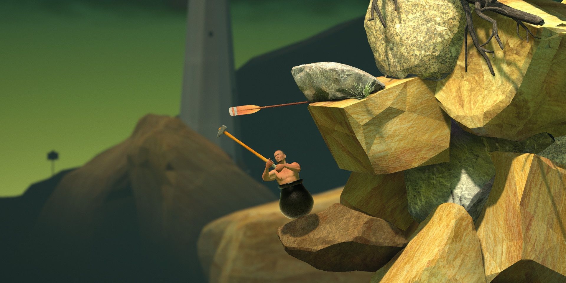 The player attempting to swing on an extended platform in Getting Over It With Bennett Foddy