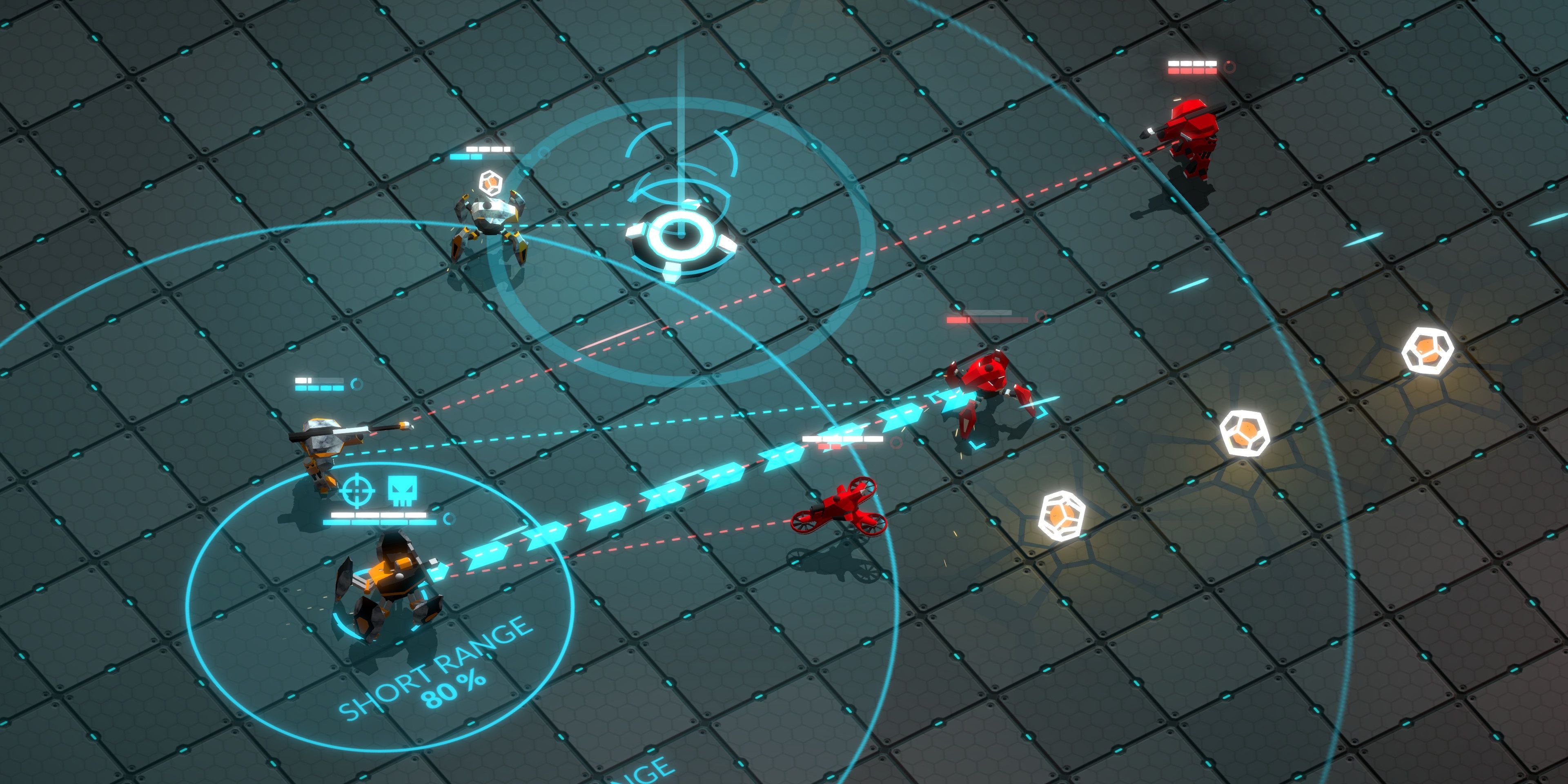 Overhead shot of several robots locked in combat. Image credit: whatsonsteam.com