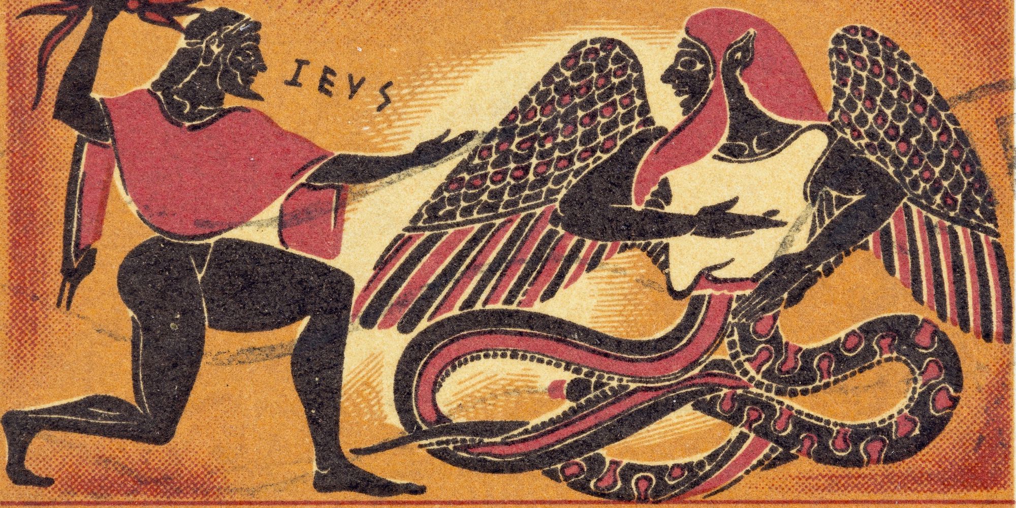 Греческая открытка с изображением Тифона (справа) и сражающегося бога Зевса (слева)