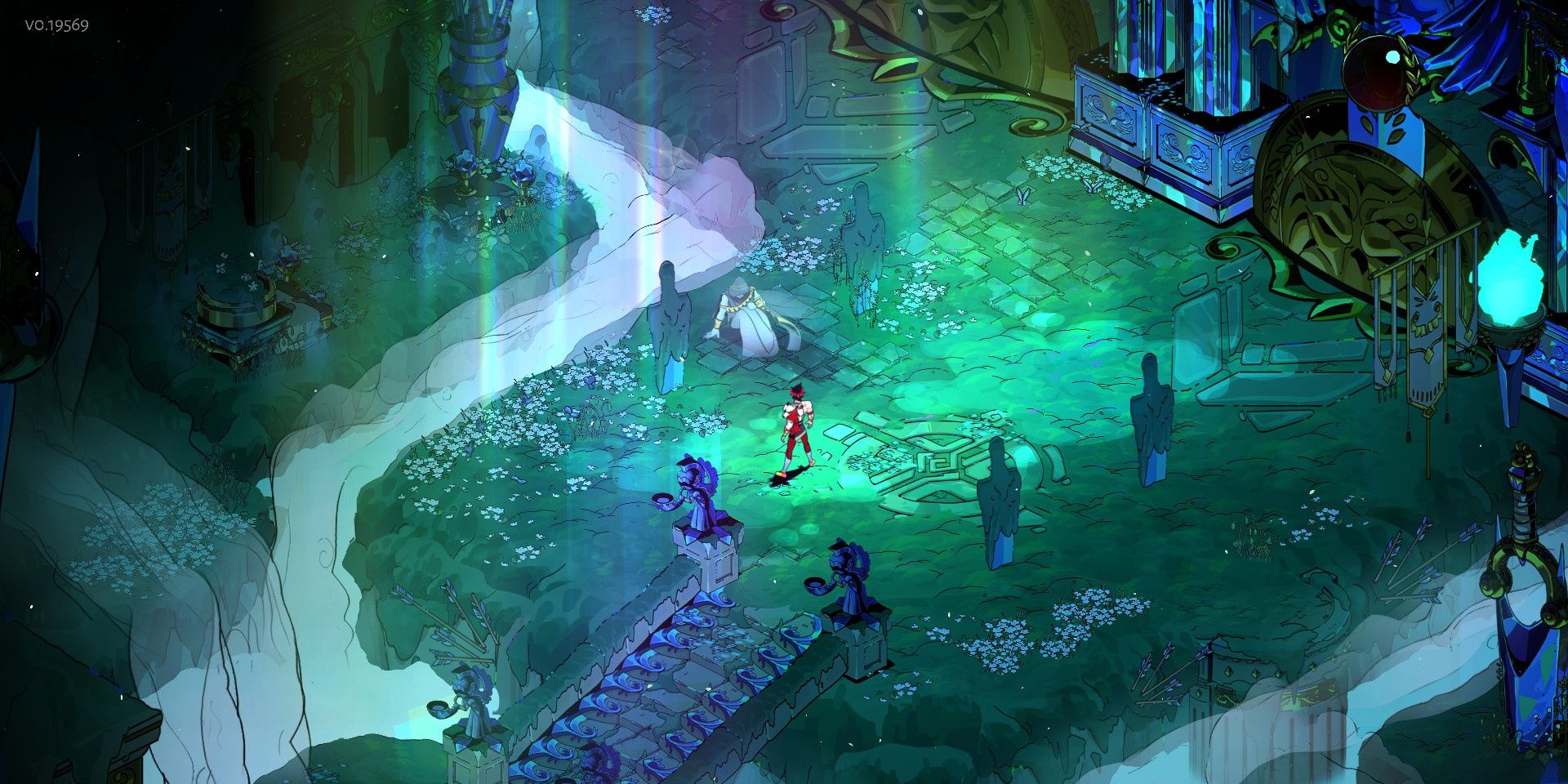 Zagreus (center) in the Elysian fields. Image credit: store.steampowered.com