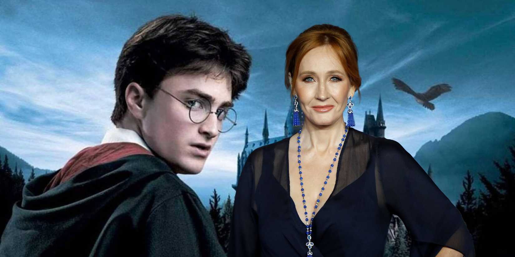 Harry Potter poster with JK Rowling in blue dress