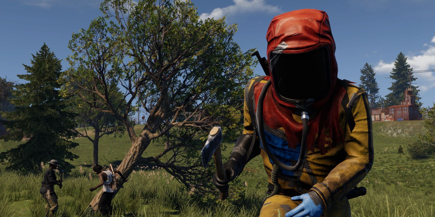 Player using the Hazmat armor from Rust.
