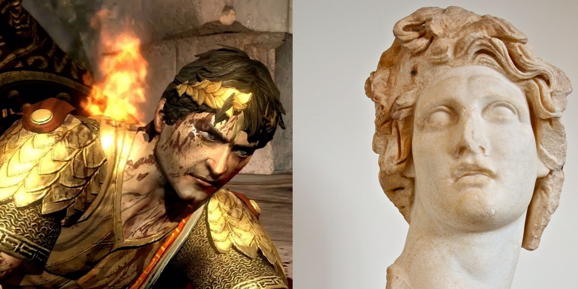 Греческий бог Гелиос в God of War 3 (слева) и изображенный на статуе (справа)