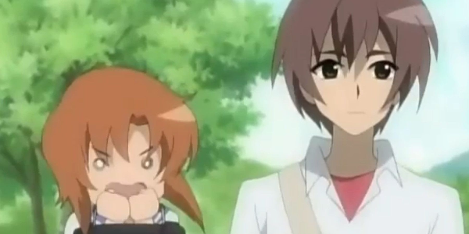 Higurashi When They Cry Keiichi Maebara and Rena Ryugu walking to school