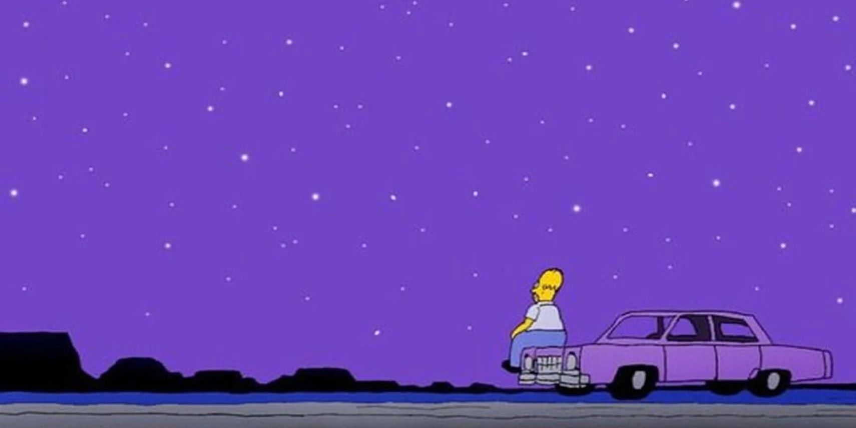 Homer sits on his car and looks up at the sky in The Simpsons