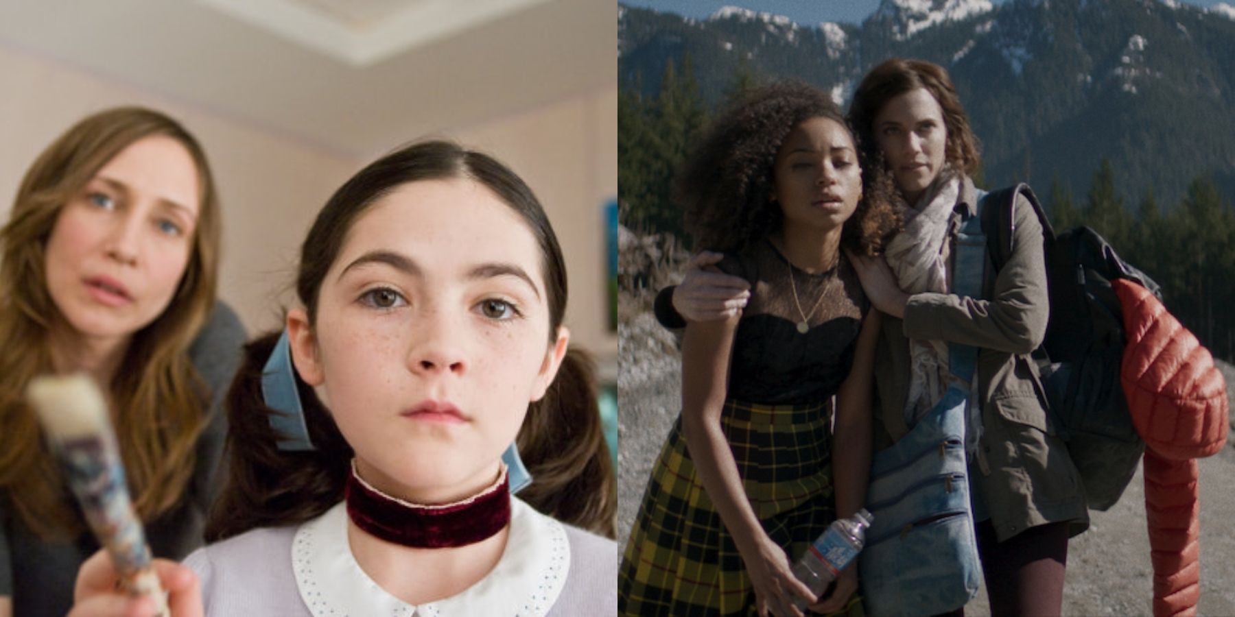 Split image of Vera Farmiga and Isabelle Fuhrman in Orphan and Logan Browning and Allison Williams in The Perfection