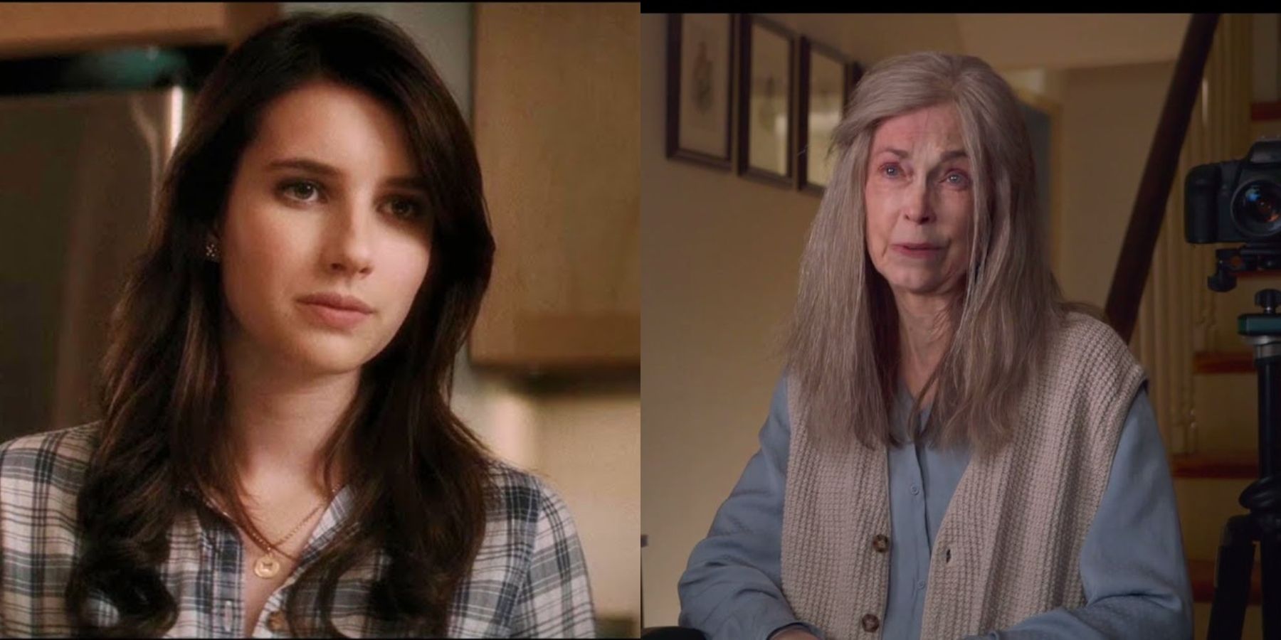 Split image of Jill (Emma Roberts) in Scream 4 and Nana (Deanna Dunagan) in The Visit