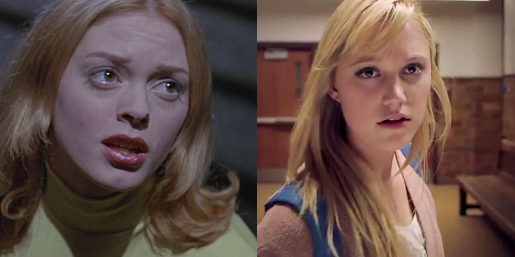 Split image of Tatum (Rose McGowan) in Scream and Jay (Maika Monroe) in It Follows