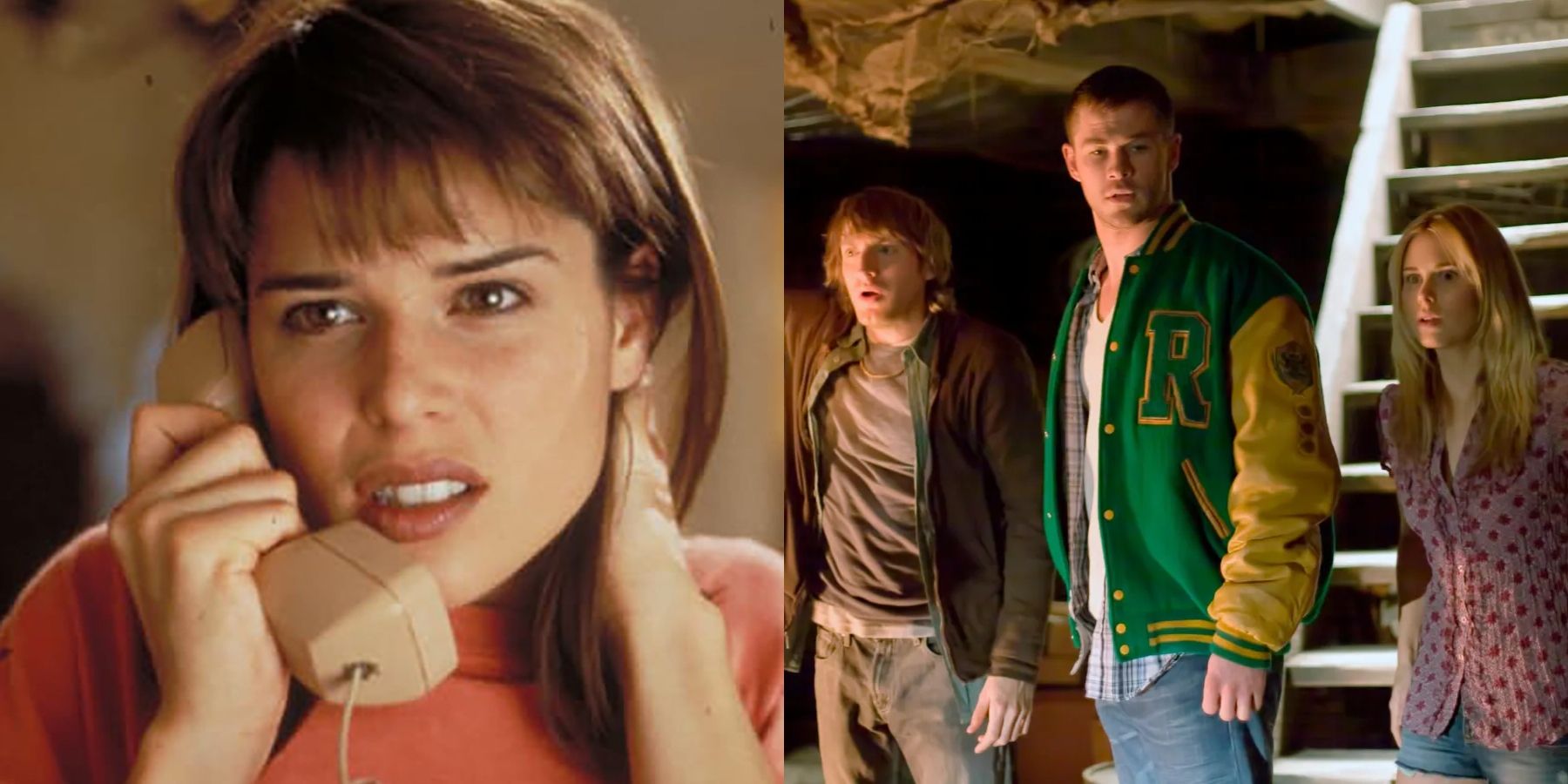 Split image of Neve Campbell in Scream (1996) and Fran Kranz, Chris Hemsworth, and Anna Hutchison in The Cabin In The Woods (2011)