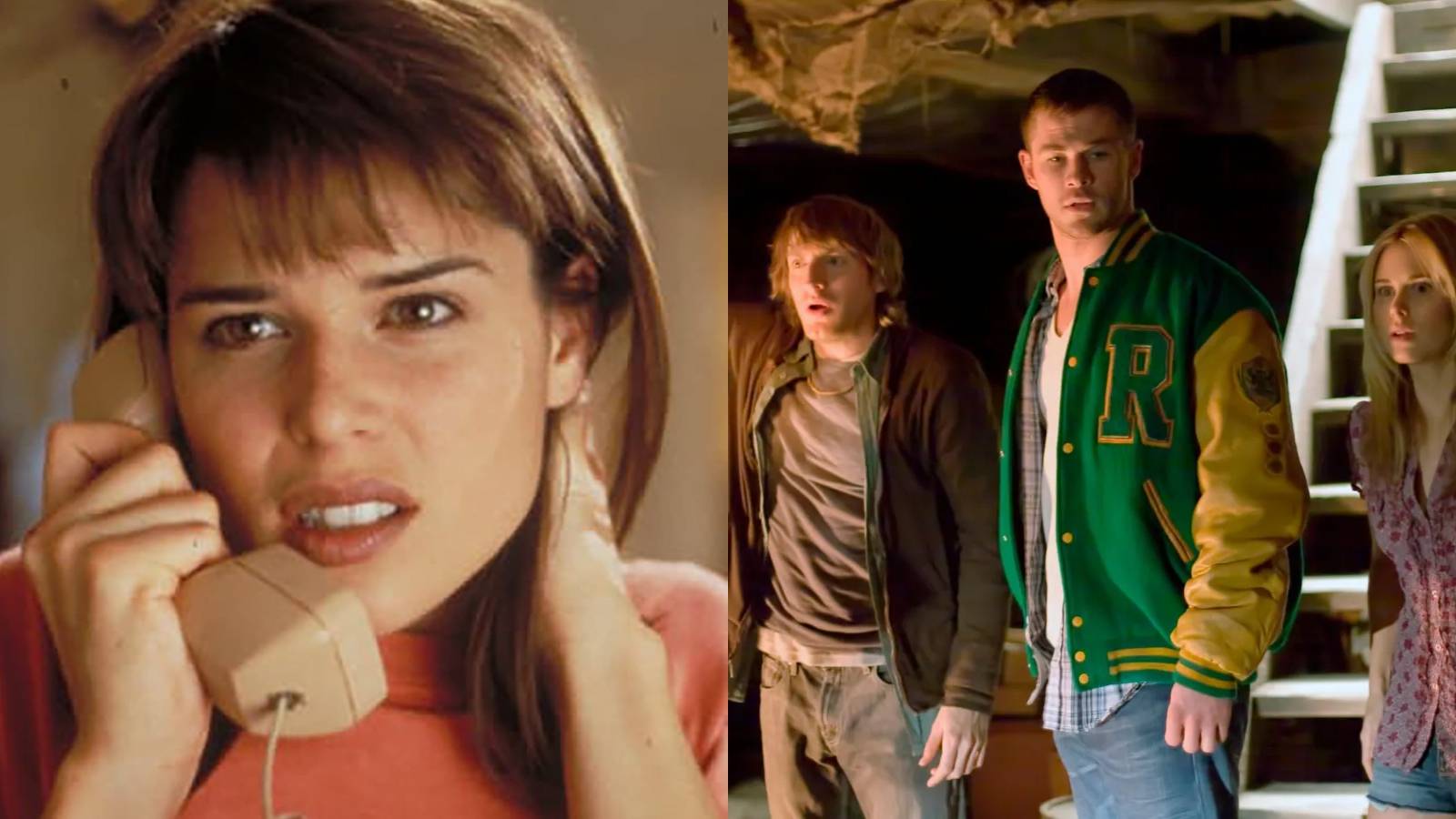 Split image of Neve Campbell in Scream (1996) and Fran Kranz, Chris Hemsworth, and Anna Hutchison in The Cabin In The Woods (2011)