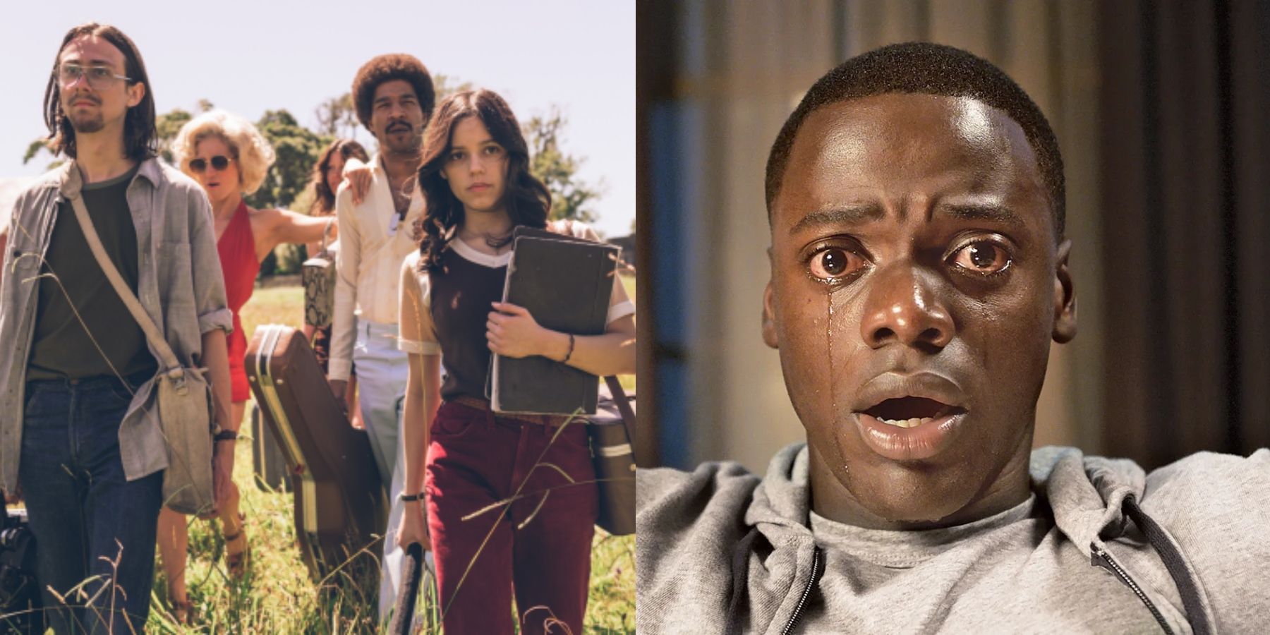 Split image of the cast of X and Chris (Kaluuya) in Get Out
